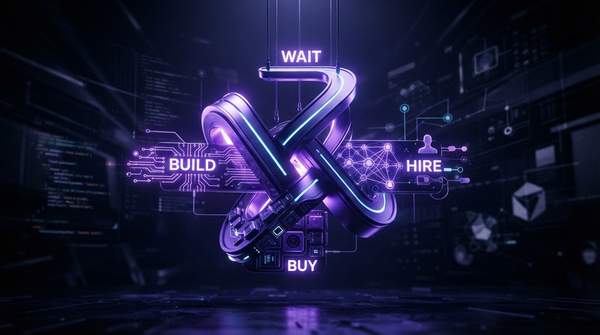 Editorial illustration for An AI Investment Framework for Mid-Market Leaders: Build, Buy, Hire, or Wait?