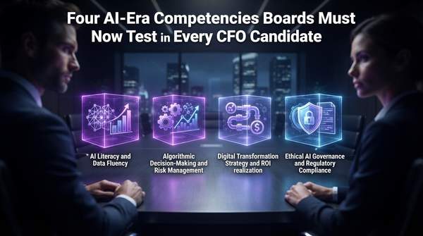 Editorial illustration for Four AI-Era Competencies Boards Must Now Test in Every CFO Candidate
